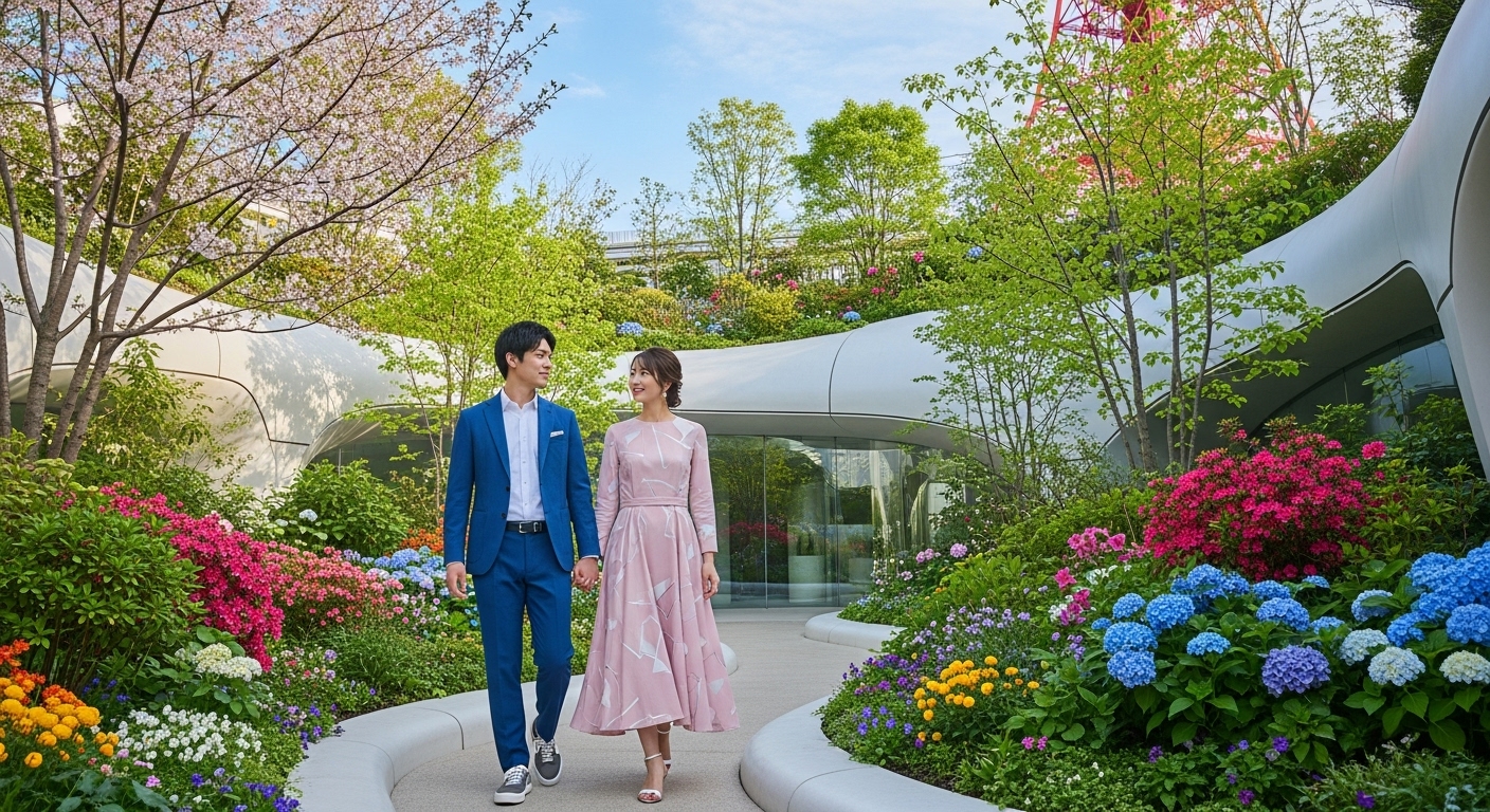 都会の緑と独創的な建築が融合した麻布台ヒルズの散歩コースを楽しむ人々の風景