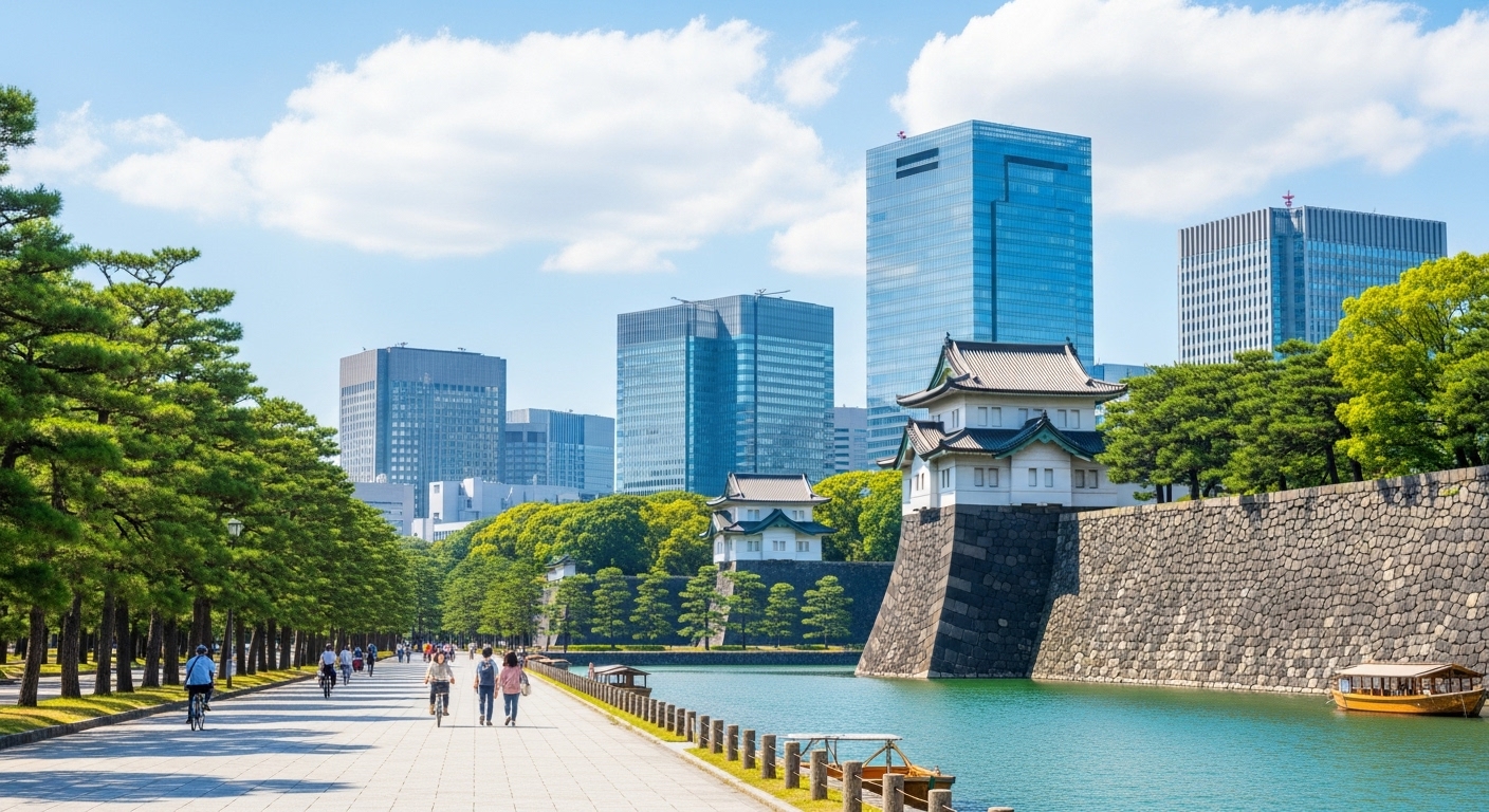 お濠の美しい緑と歴史的な門、近代的なビル群が共存する徒歩で皇居一周の散策風景