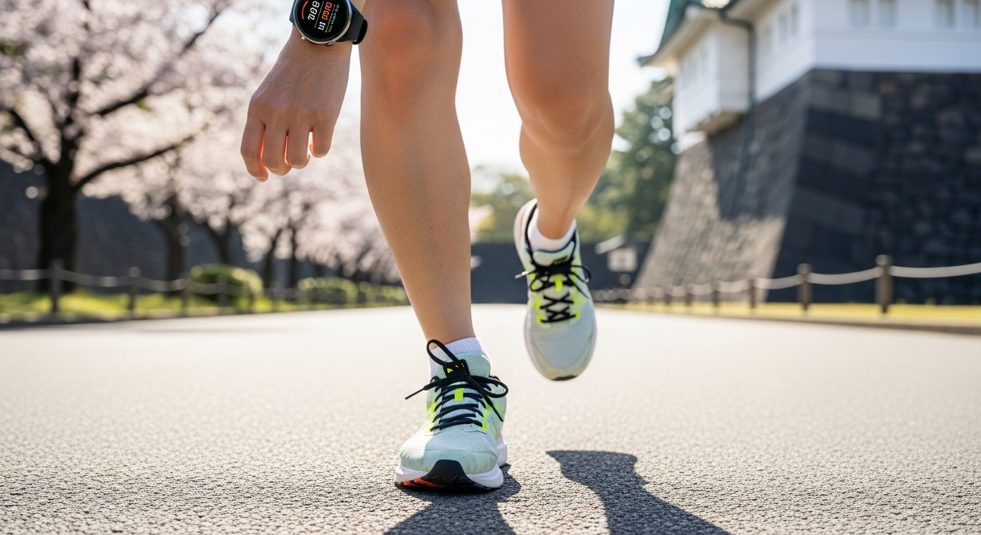 スマートウォッチで皇居ランの歩数を確認しながら走るランナーの足元