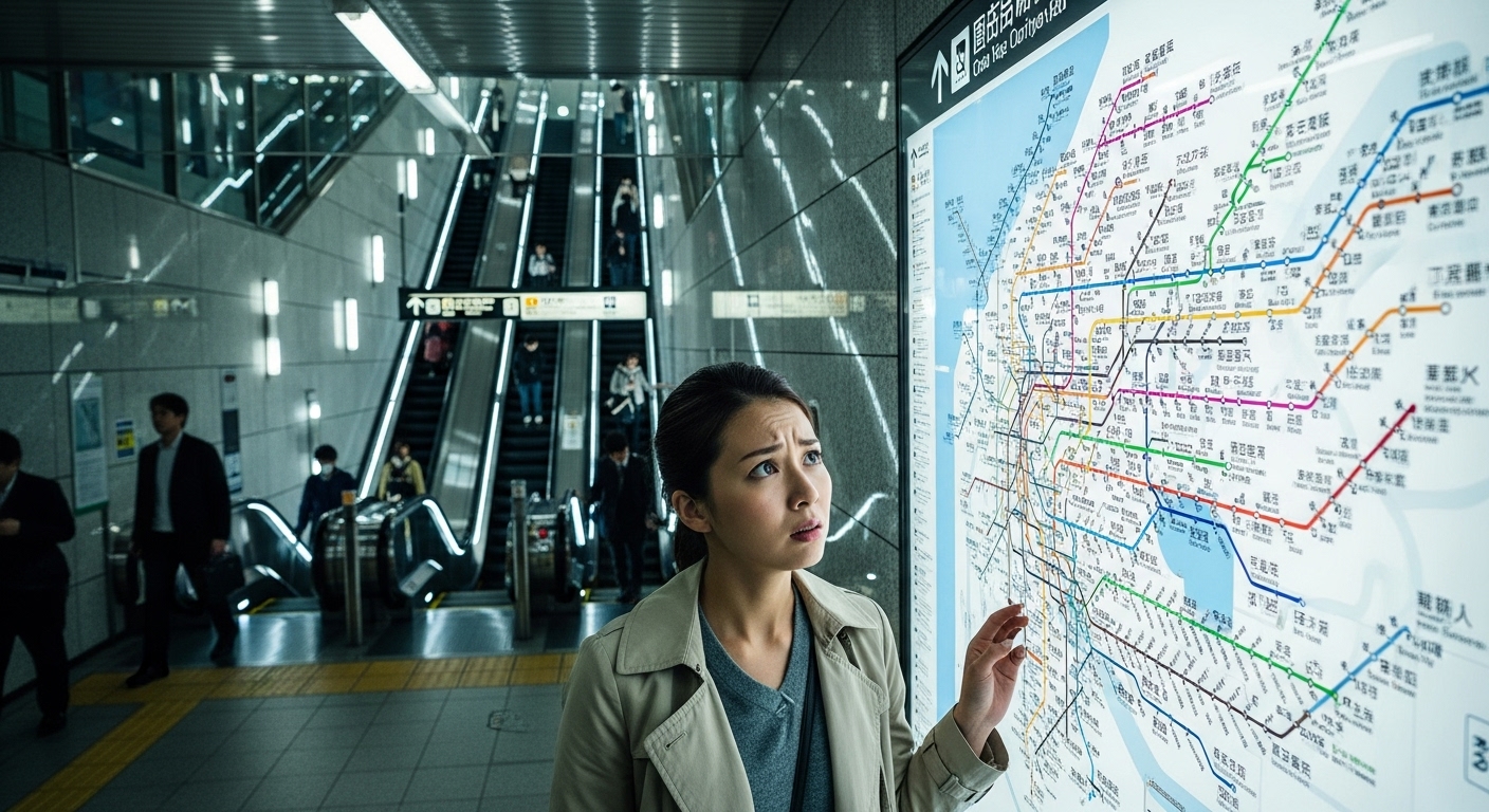 新宿駅の複雑な案内板を前に困惑する利用客と、大江戸線新宿 わかりにくいの象徴である深いエスカレーターの風景