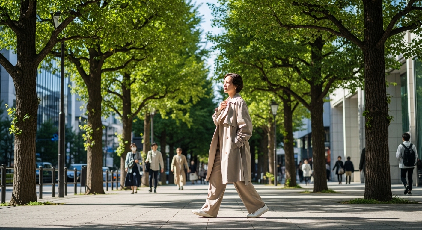 ケヤキ並木が続く美しい通りを、表参道を1人でぶらぶらと楽しむ散策風景。