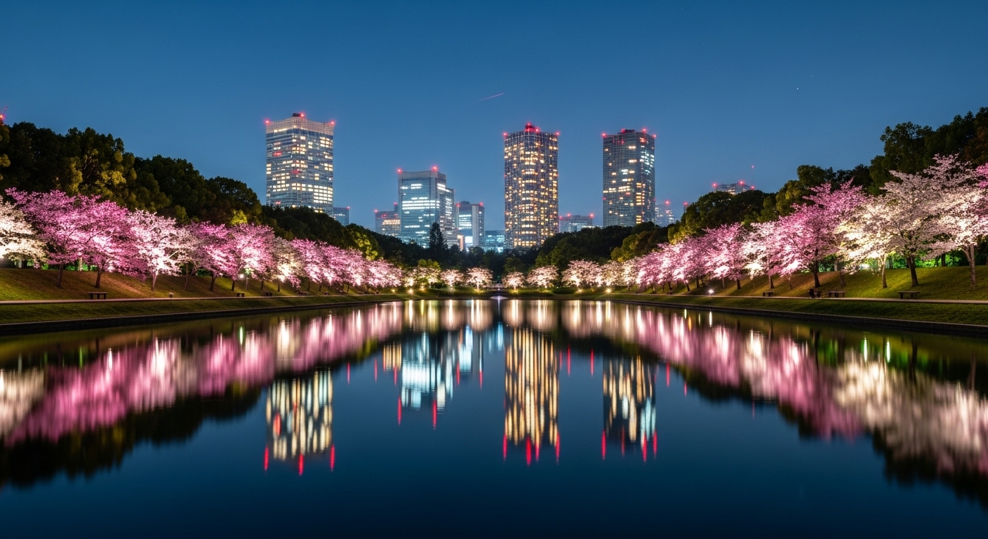 ライトアップされた木々と高層ビル群が美しい、夜の散歩・観光におすすめの東京の公園・広場の風景。