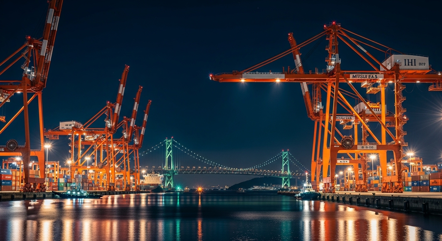 ライトアップされた巨大クレーンとレインボーブリッジが美しい、品川埠頭の夜景。