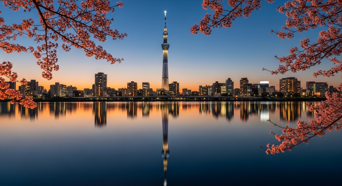 水面に映る逆さツリーと夜景が美しい、スカイツリー撮影スポットの風景。
