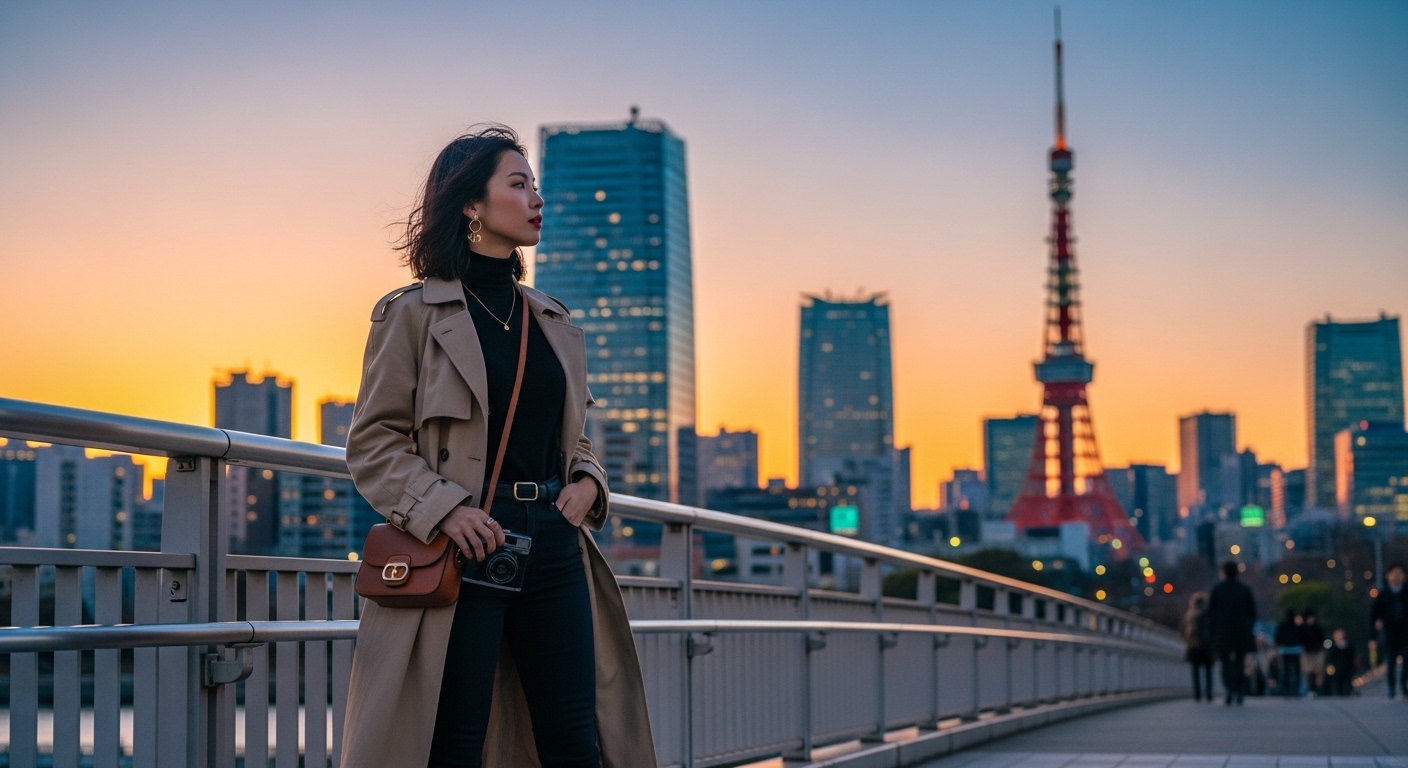 夕暮れの街並みを眺めながら、東京の一人旅モデルコースを自分らしく楽しむ日本人女性の風景。