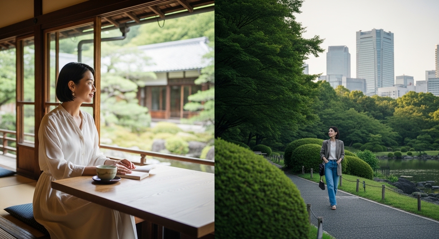 情緒ある風景の中、東京で女子におすすめの日帰り一人旅を満喫する女性の様子。