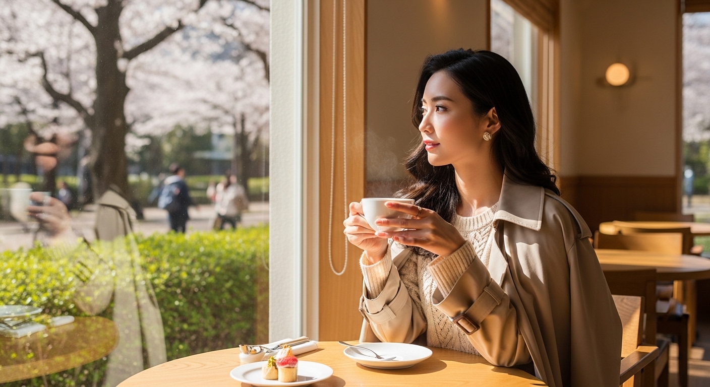明るいカフェで静かに一人の時間を楽しむ女性。東京の女子におすすめ・リフレッシュ一人旅のイメージ。