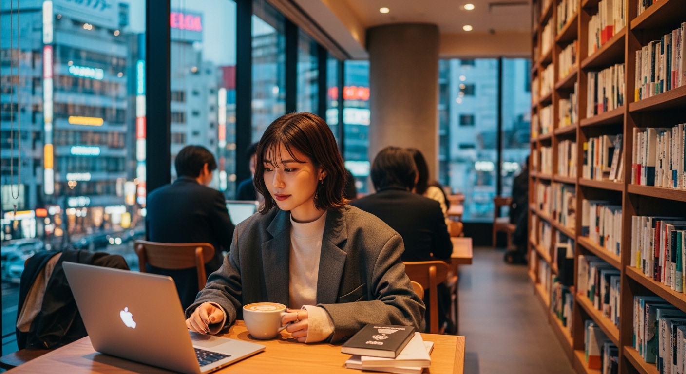 東京のおしゃれなカフェで一人時間を楽しむ、東京で大学生が1人で暇つぶし出来る場所を象徴するイメージ。