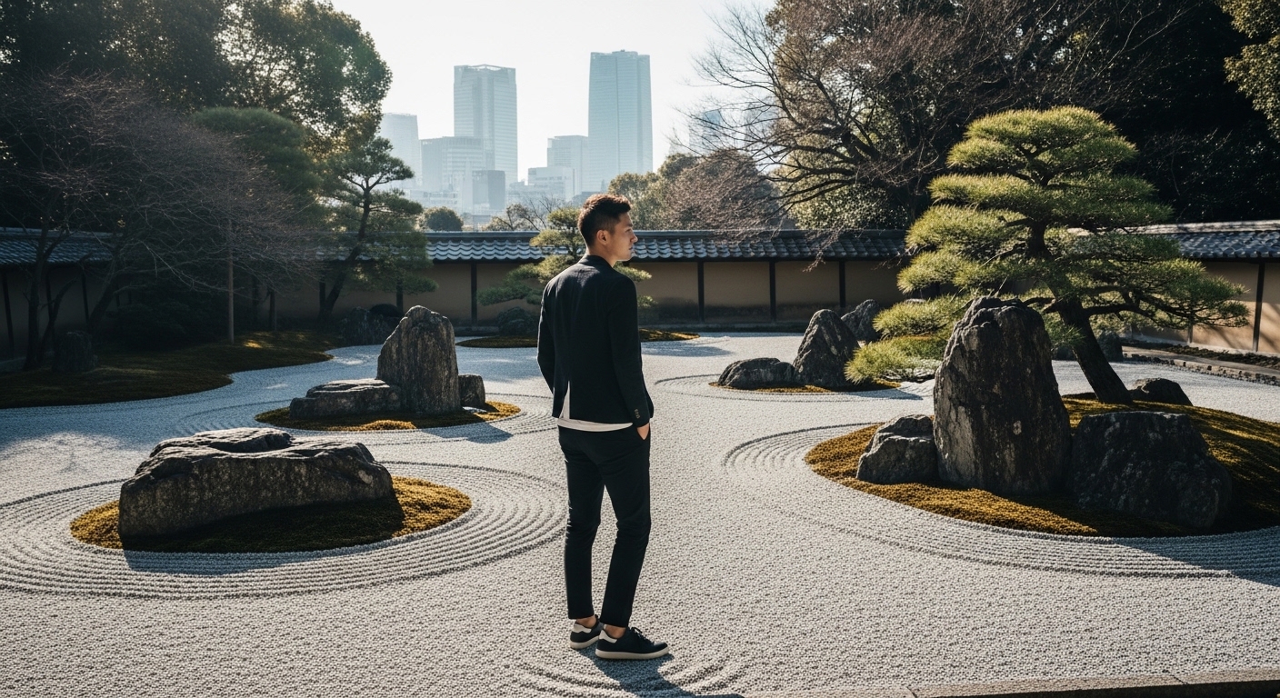 静かな日本庭園を一人で散策する様子。**東京の一人旅穴場スポット**をイメージした風景。