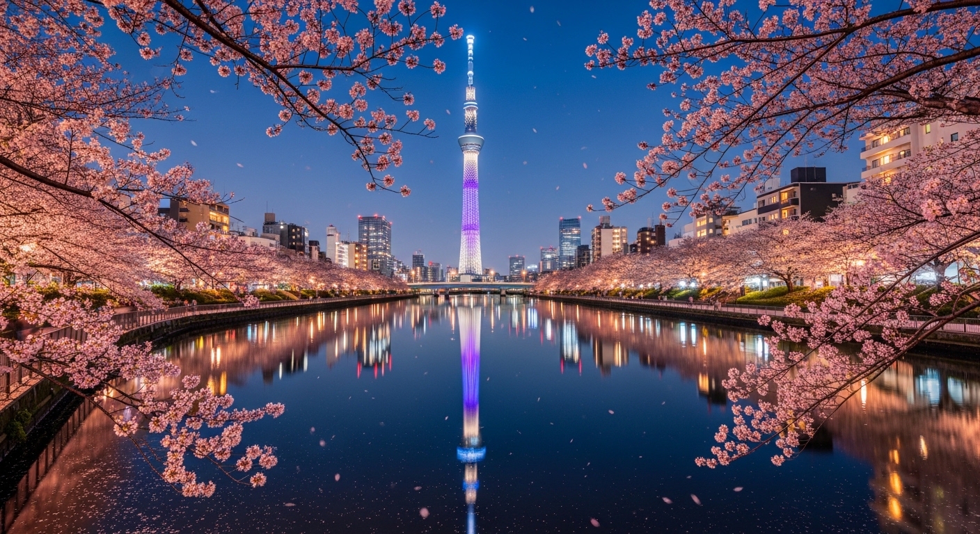 夜の隅田川に反射するライトアップされたスカイツリーと、周辺の絶景スカイツリー撮影スポット。