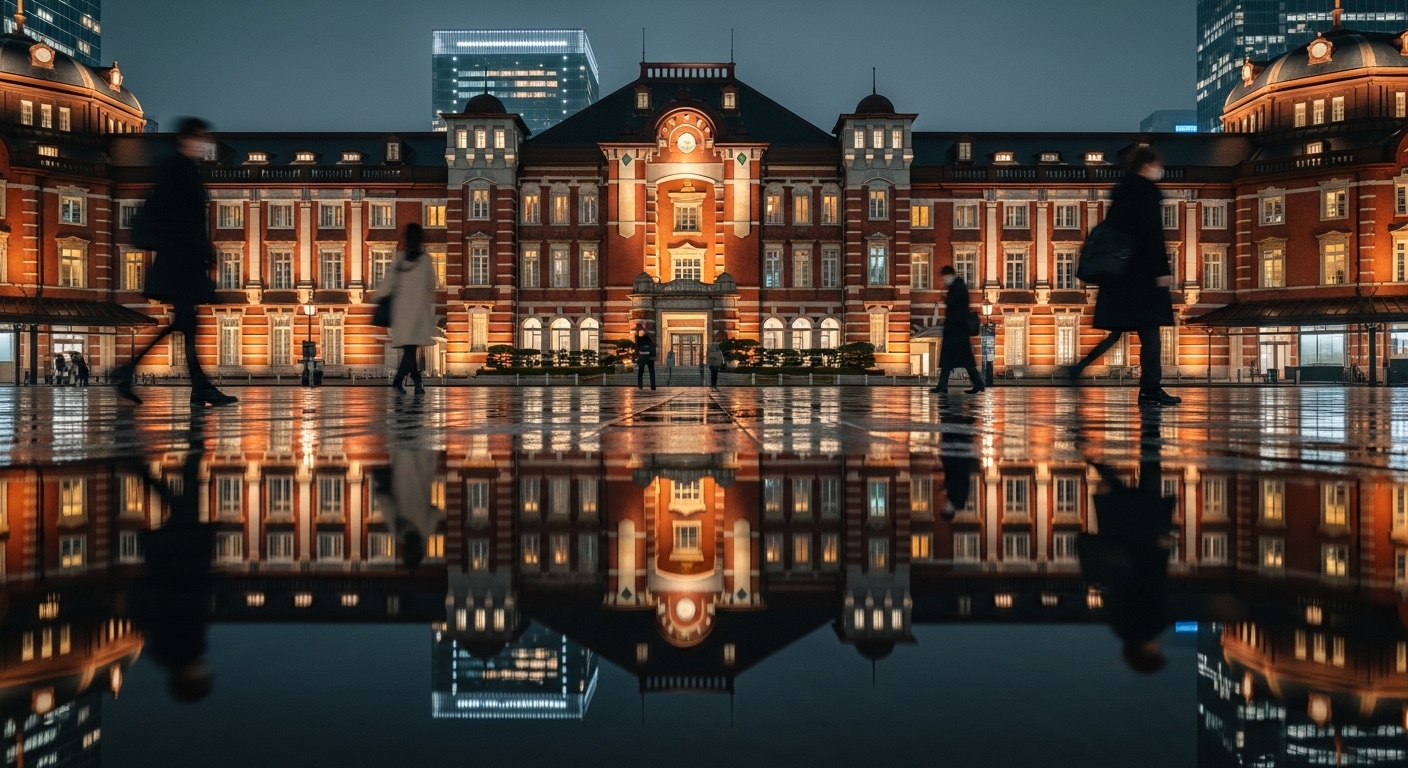 ライトアップされた赤レンガ駅舎と水面のリフレクションが美しい、夜の東京駅撮影スポット。