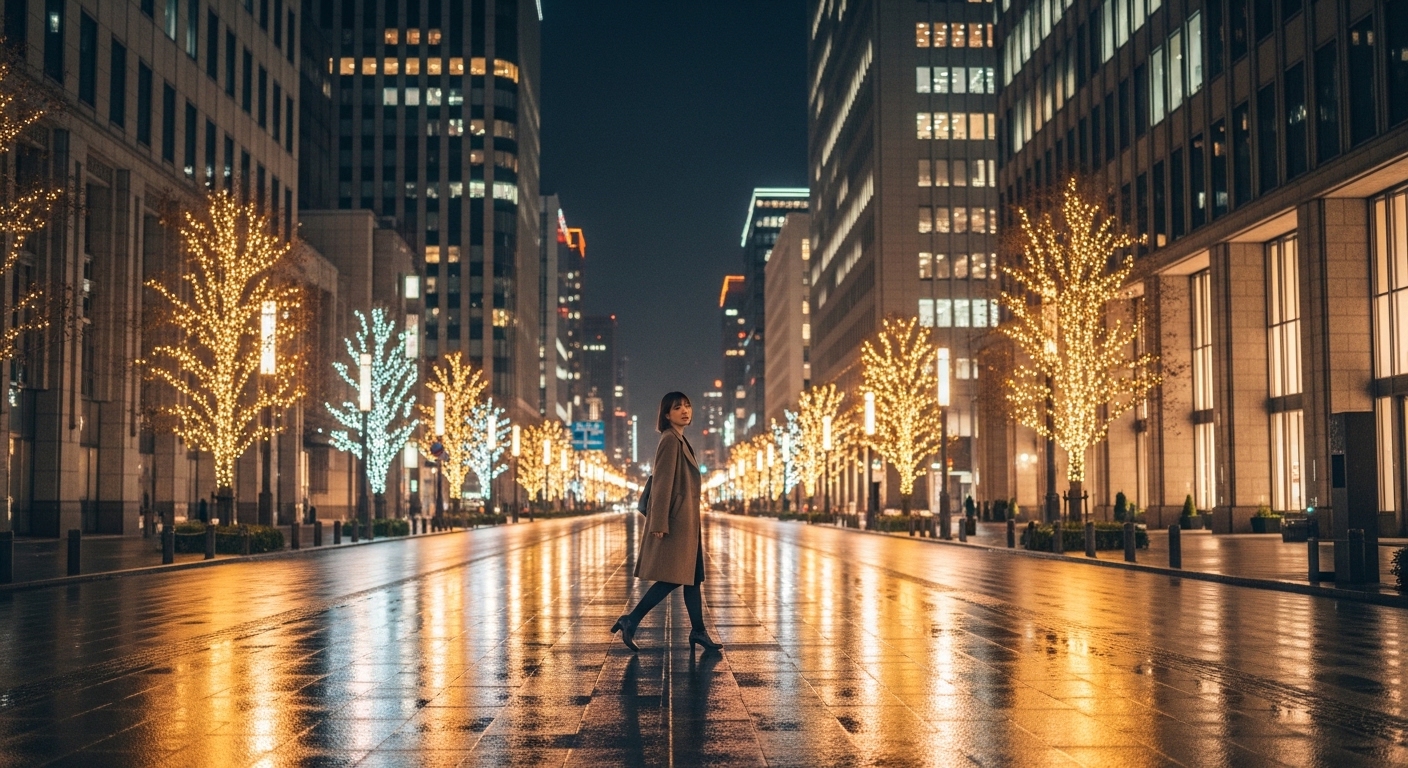 暖かな光に包まれた丸の内の通りを歩く、夜の東京散歩の風景。