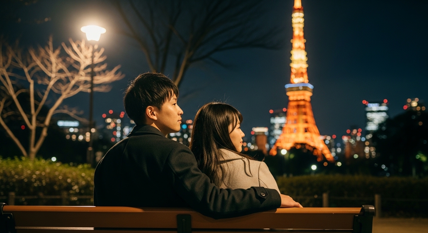 東京タワーを眺めながらベンチでリラックスして過ごす、東京の夜のまったりデート。