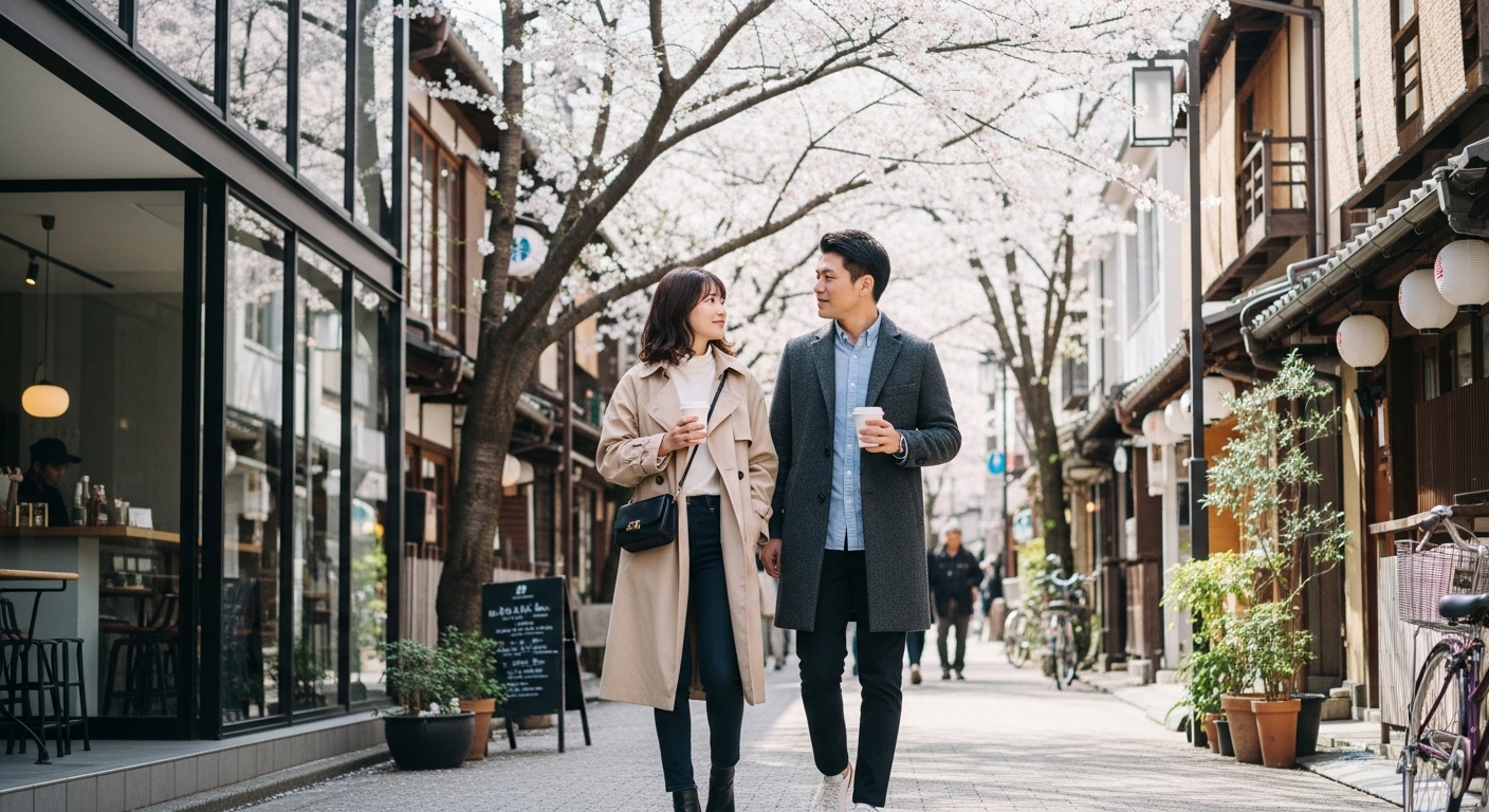 お洒落な街並みをコーヒー片手に歩く、東京散歩デートを楽しむカップルの風景。