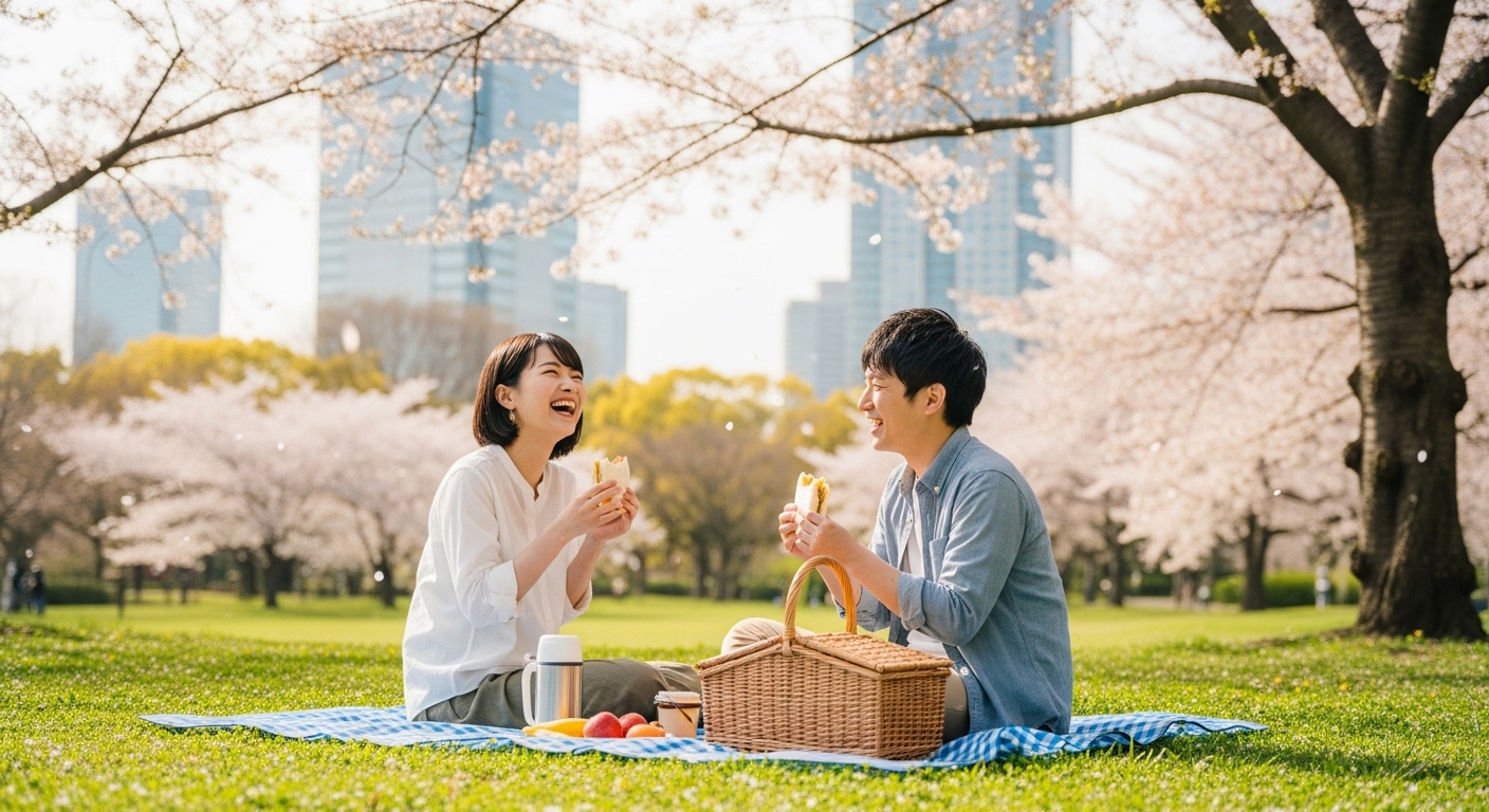 芝生の上でピクニックを楽しむカップルの様子を描いた、東京の公園デートのイメージ写真。