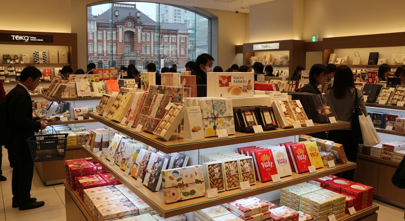 最新のスイーツや限定品が並ぶ、東京駅のお土産ランキングを象徴する華やかな店頭風景。