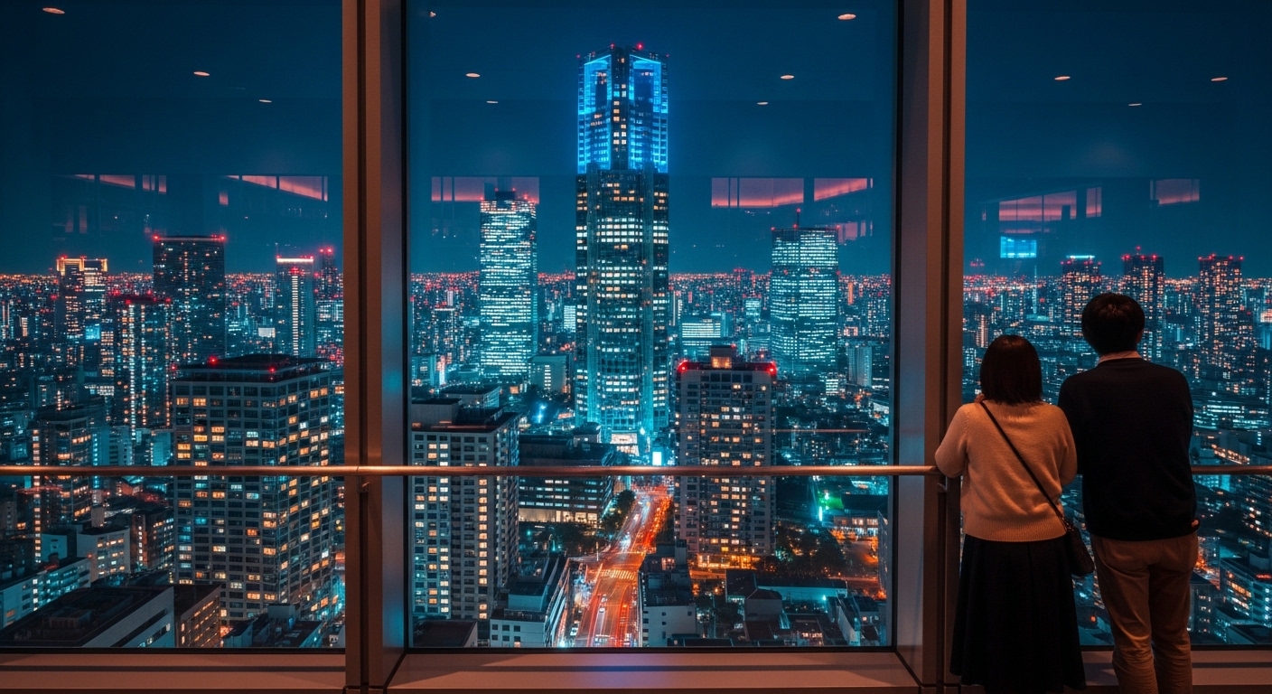 東京都庁展望室から眺める、オレンジと青の光が輝く**新宿の無料夜景スポット**の絶景。