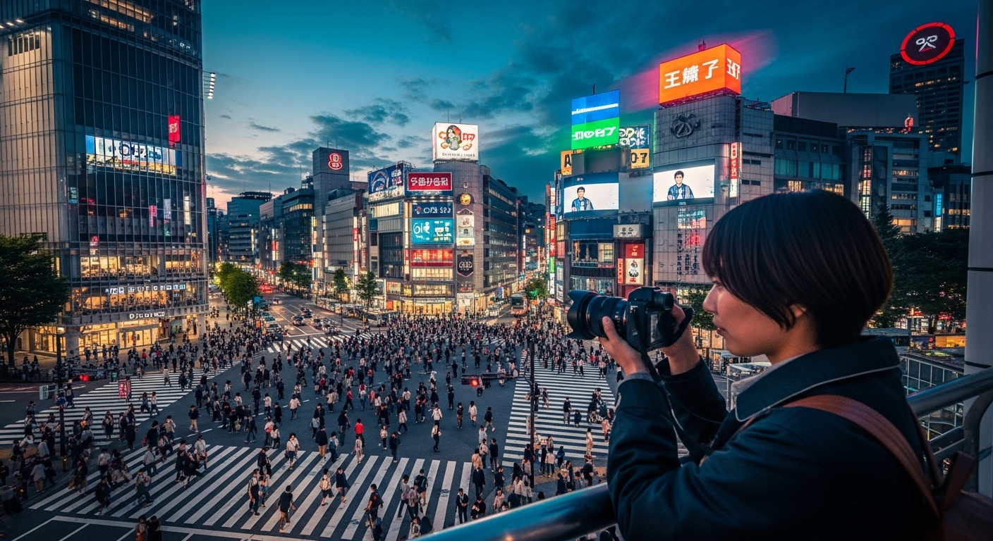ネオン輝くスクランブル交差点と高層ビル群が美しい、人気の**渋谷写真スポット**の風景。