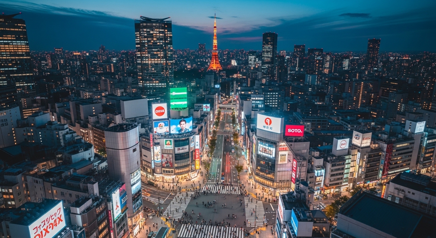 高層ビルの展望台から見下ろす、ネオンと光が輝く美しい渋谷の夜景の風景。