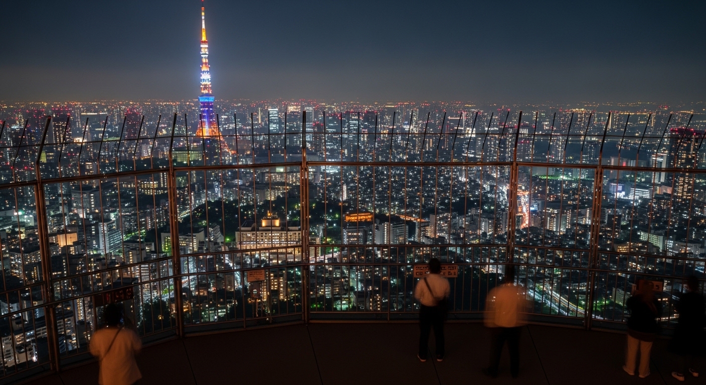 宝石のような街明かりが広がる、展望台から撮影した東京タワーからの夜景。