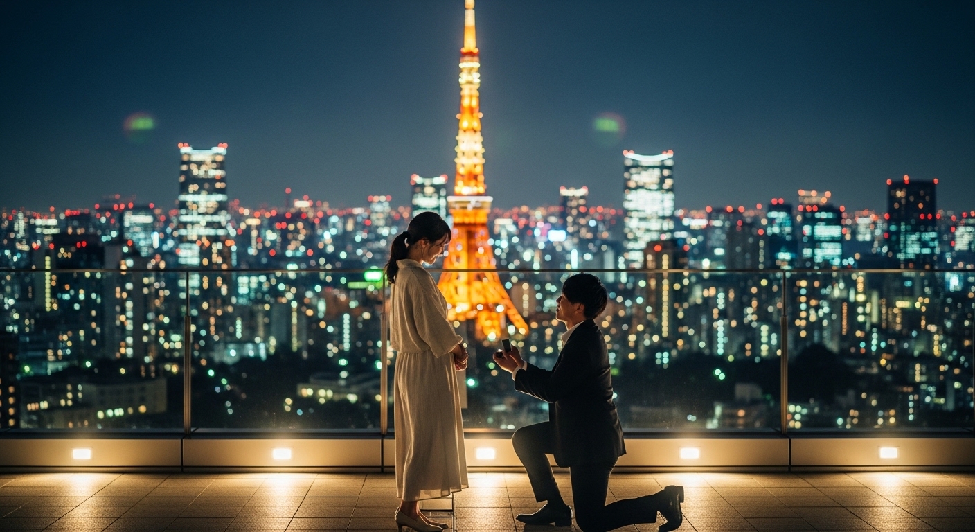 東京タワーの夜景を背景に、雰囲気の良い展望台で過ごすカップルのイメージ。東京の告白スポットに相応しいロマンチックな光景。