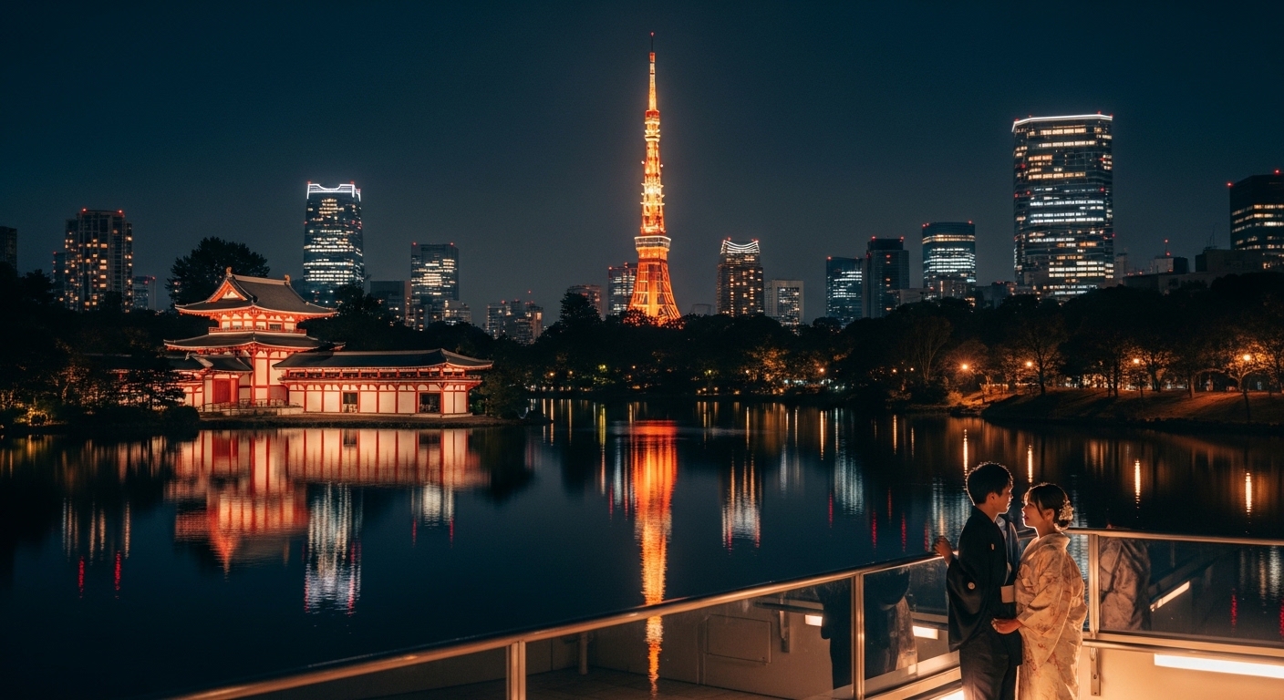 ライトアップされた弁天堂と都会のビル群が不忍池に映り込む、幻想的な上野の夜景。