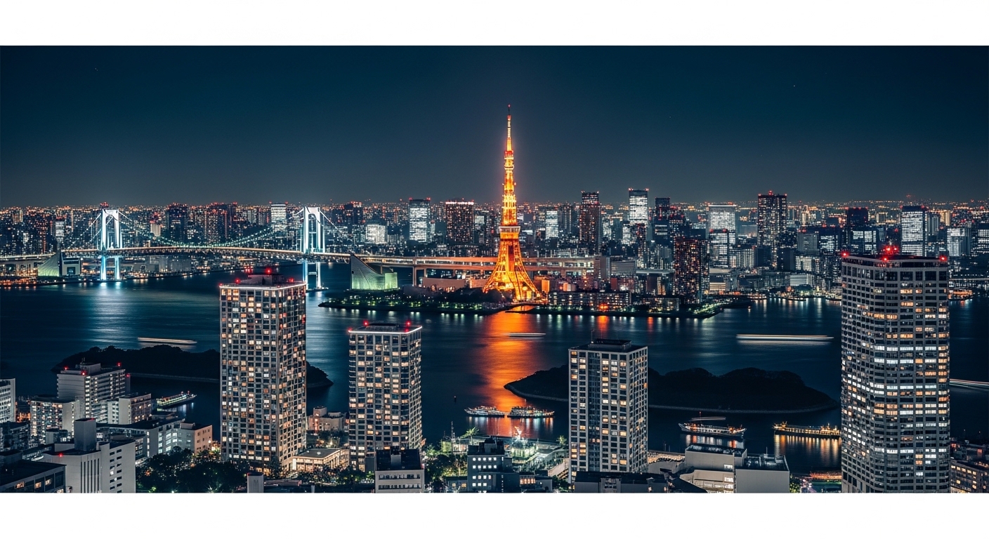 東京タワーとレインボーブリッジが美しく輝く、港区の夜景を代表するパノラマビュー。