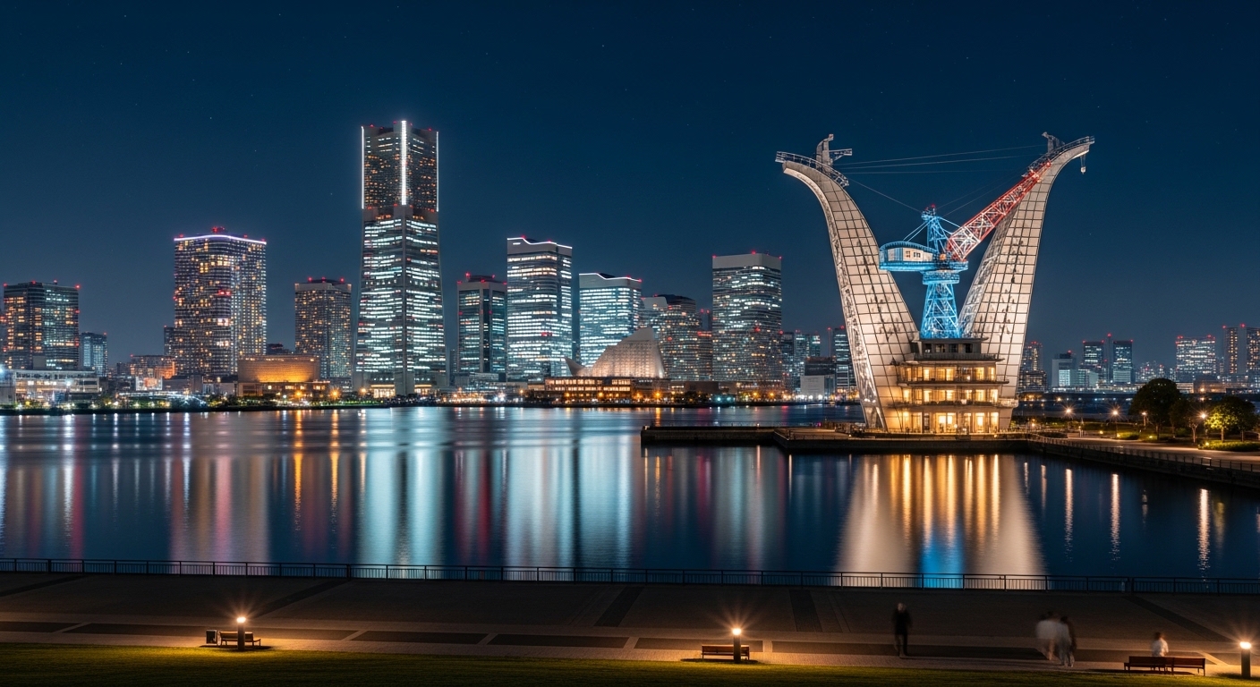 ライトアップされたクレーンと高層ビル群が海面に映る、幻想的な豊洲公園の夜景。
