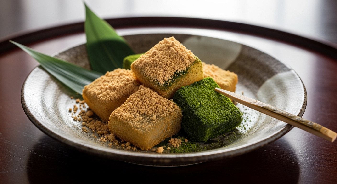 きなこと抹茶がたっぷりかかった、藤菜美のわらび餅の口コミで評判のぷるぷる食感イメージ。