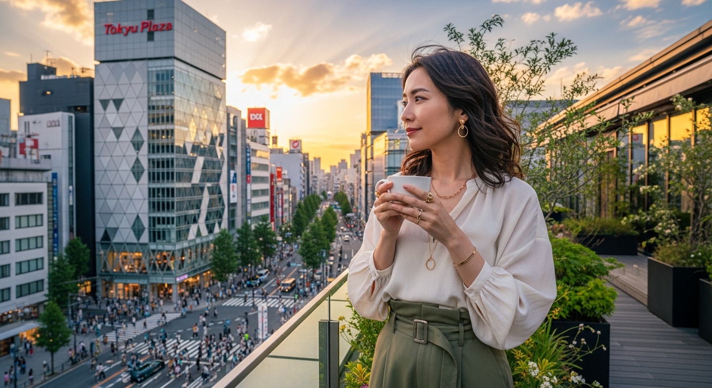 原宿の屋上テラスでコーヒーを飲みながらゆったりと過ごす、原宿で時間潰しのイメージ。