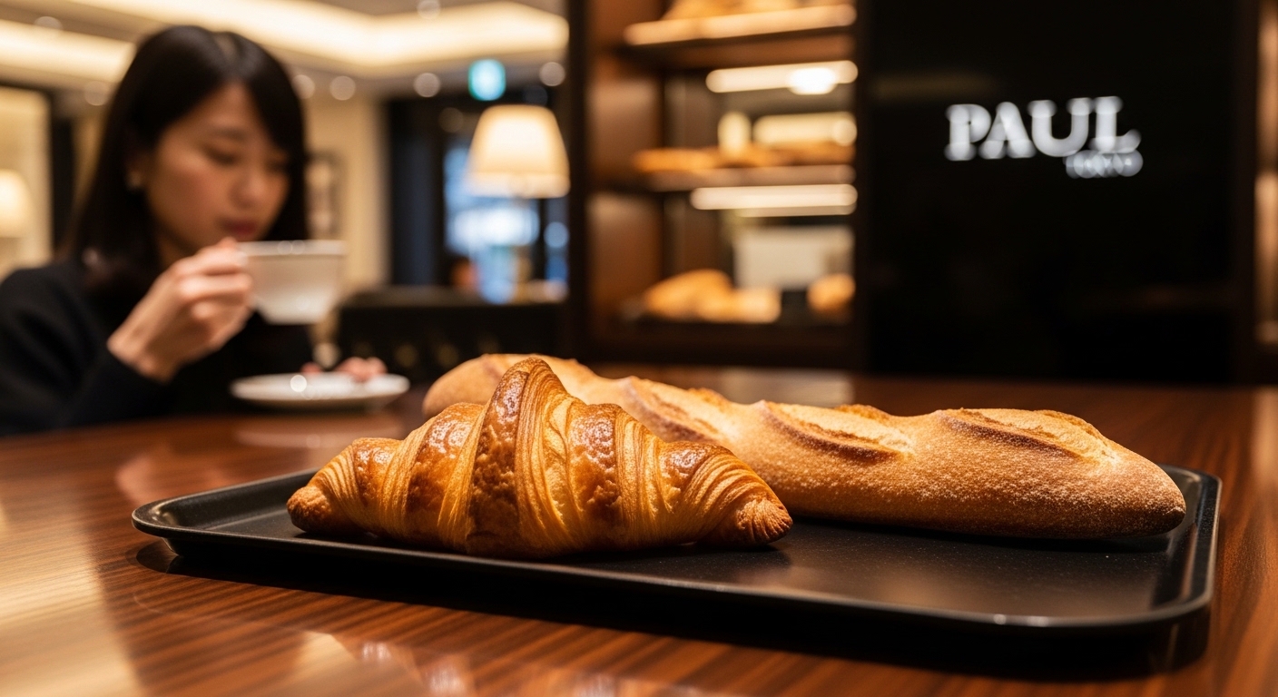 PAULのパンは美味しくない？という疑問を検証するための、美味しそうなクロワッサンと店舗の風景。