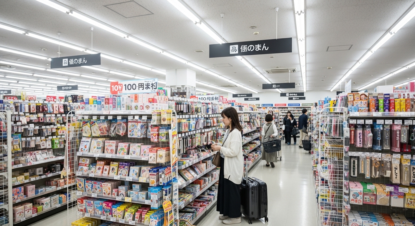 東京駅近くの100円均一ショップで旅行用品を選ぶ日本人女性の様子。