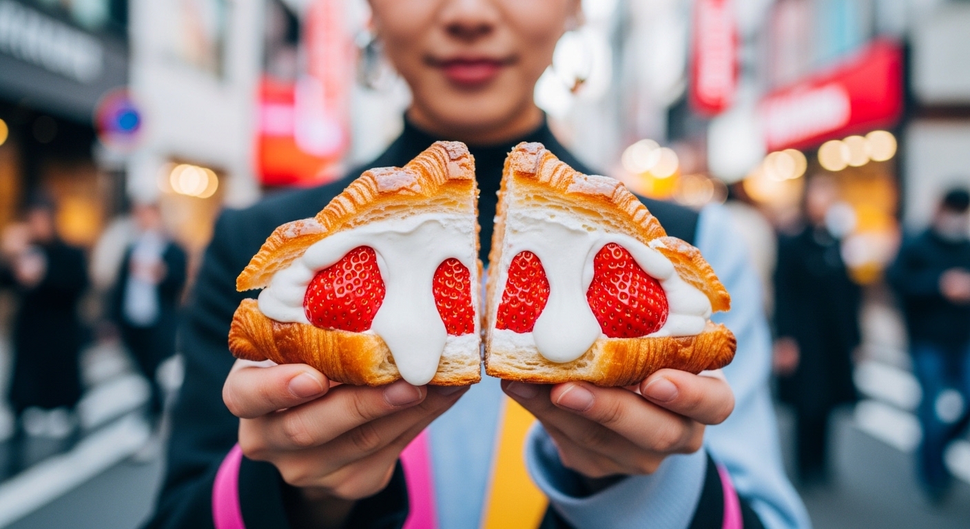東京で流行りの食べ物である進化系スイーツを原宿の街角で楽しむ様子。