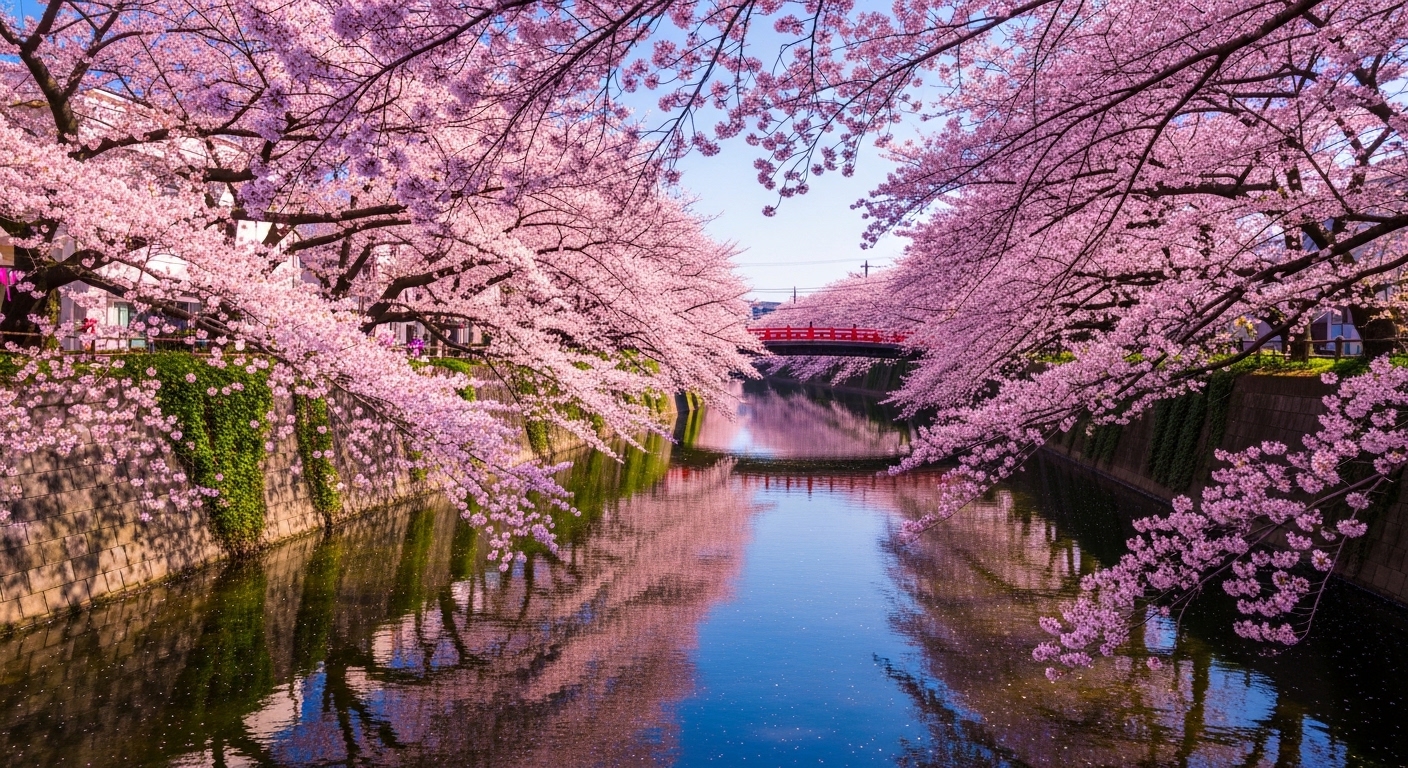 目黒川の桜並木がどこからどこまで続くか一目でわかる、満開の桜と赤い橋の風景。