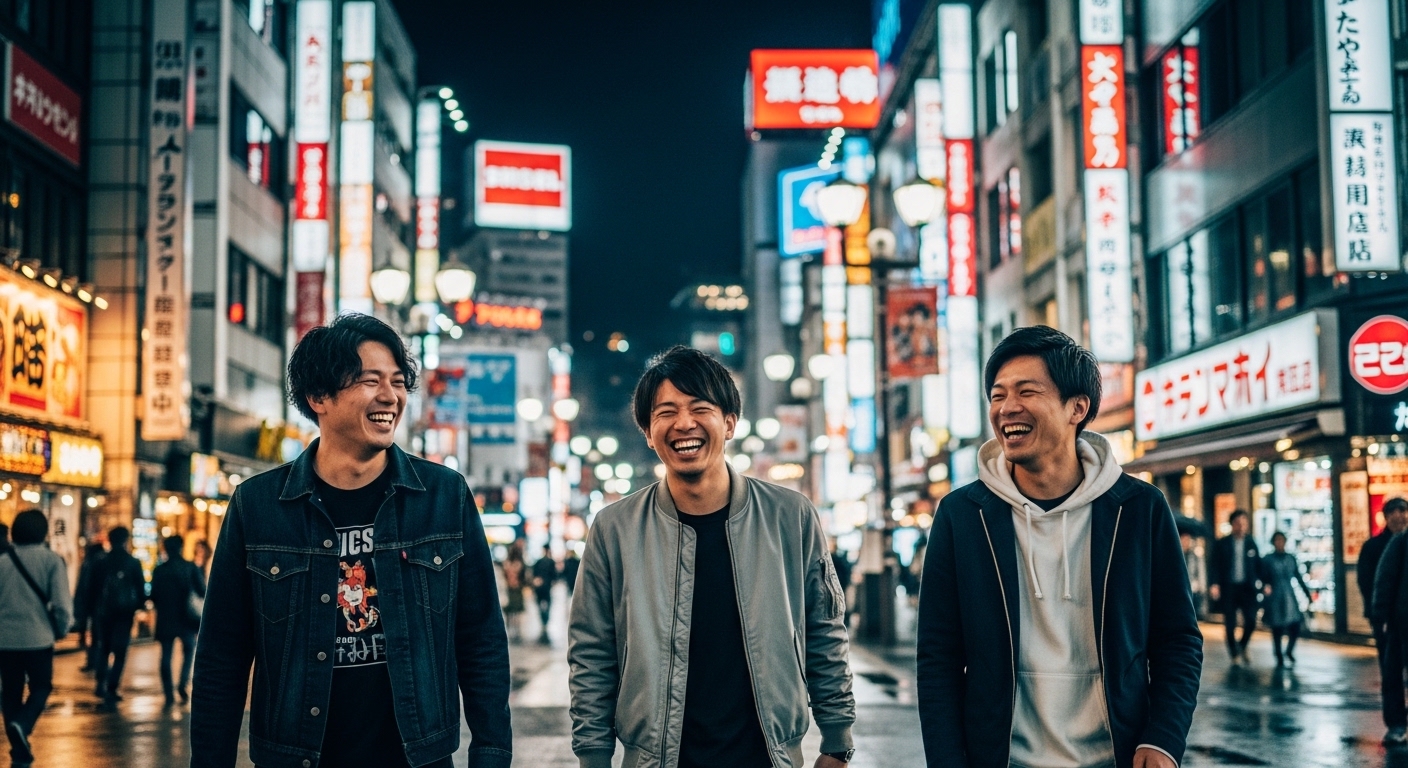 新宿の夜の街並みを笑顔で歩きながら、男だけの東京観光を満喫する男性グループ。