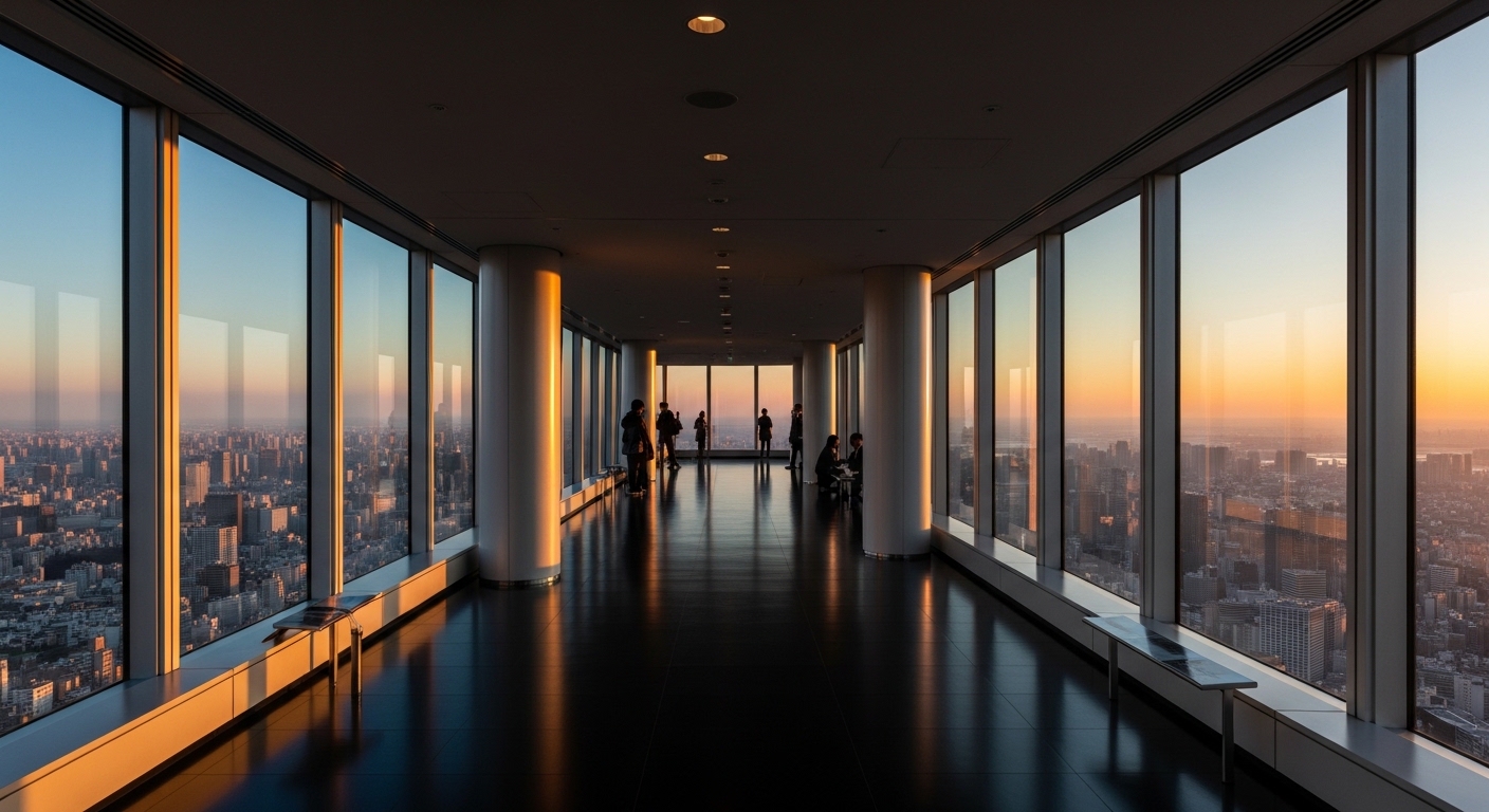 スカイツリーの展望デッキと回廊の違いを象徴する、東京の街並みを見下ろす窓際の風景。