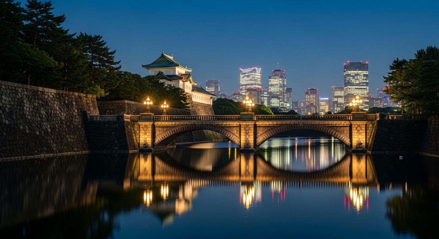 ライトアップされた二重橋と伏見櫓が水面に映る、皇居の夜の幻想的な風景。