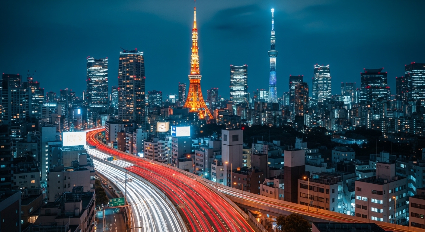 東京のおすすめ夜景を象徴する、ライトアップされたタワーとビル群のパノラマビュー。