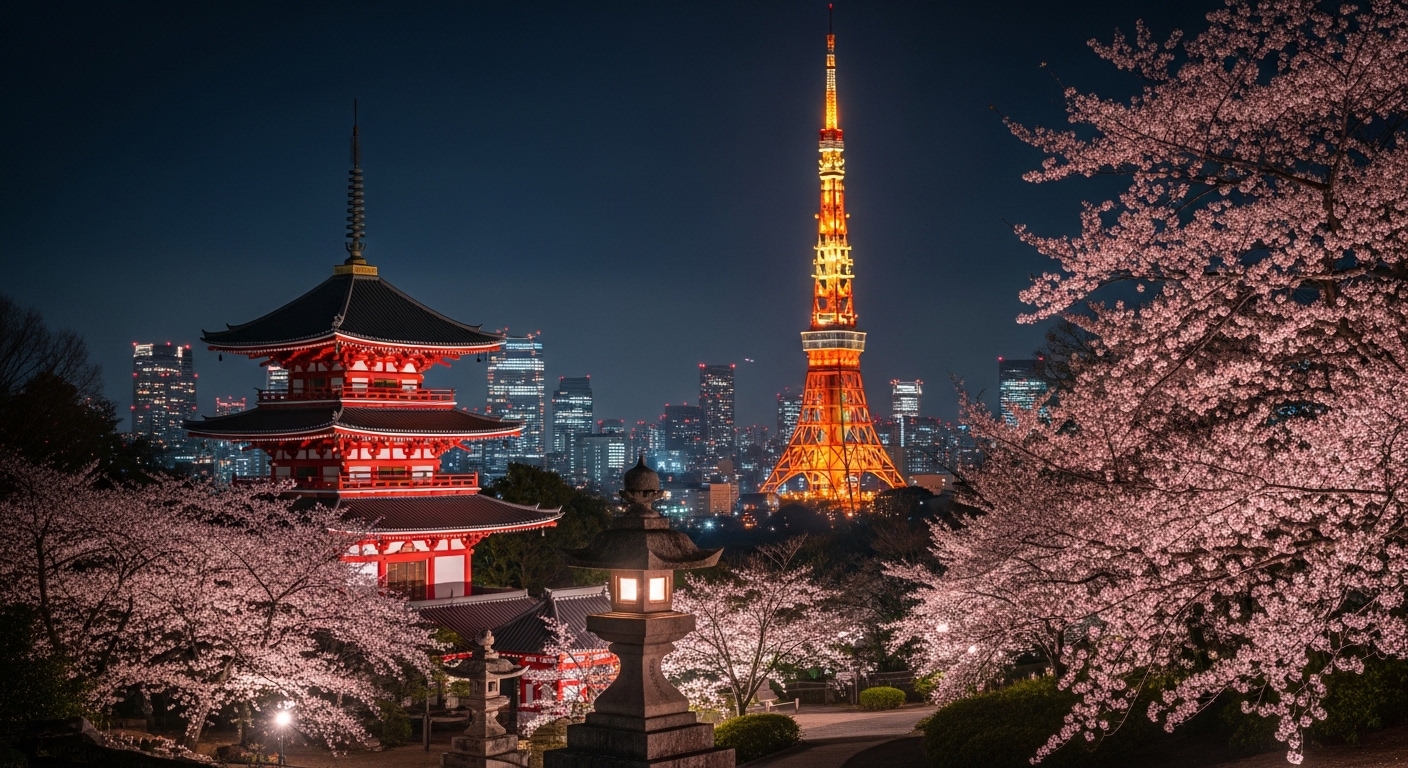 東京タワーが綺麗に見える場所として人気の、増上寺と夜のライトアップが調和した風景。
