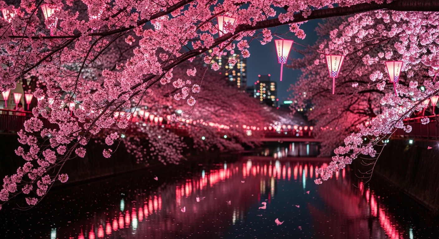 東京で夜の花見をイメージした、ライトアップされた目黒川沿いの満開の桜と伝統的な提灯。