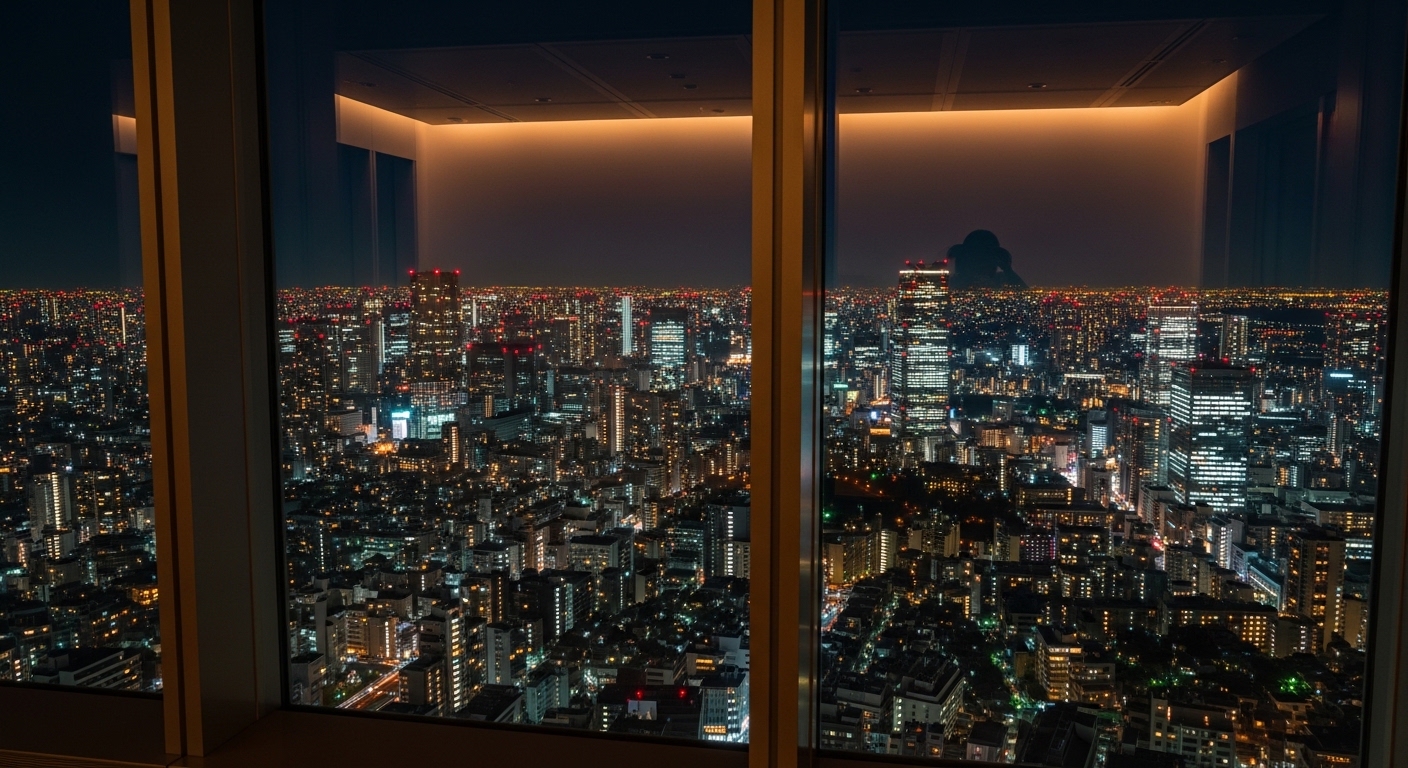 都庁展望台の夜景を地上202メートルから撮影した、光り輝く新宿の高層ビル群と街並みのパノラマ。