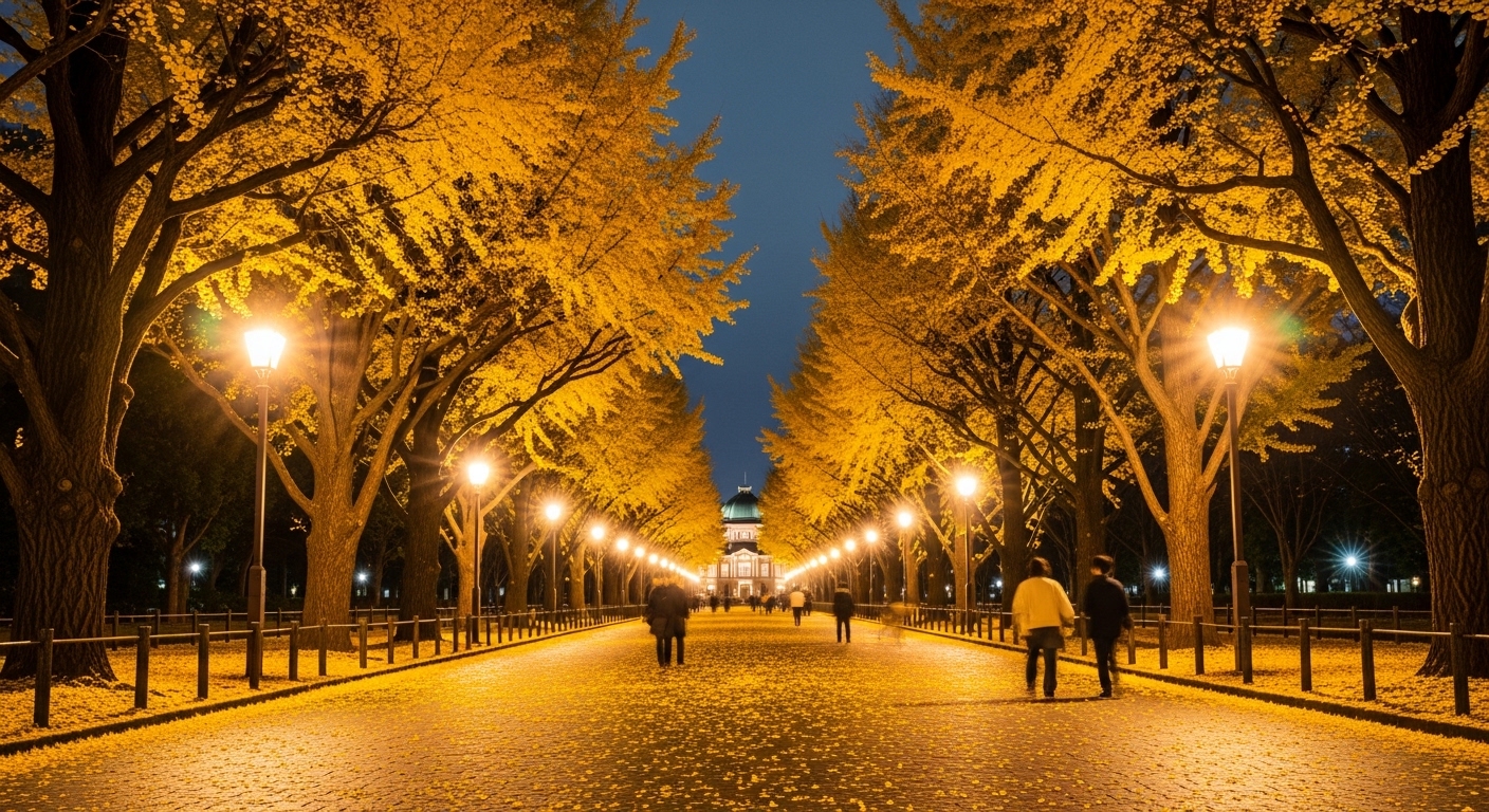 黄金色の光に包まれた銀杏並木外苑前のライトアップと幻想的な夜の並木道。