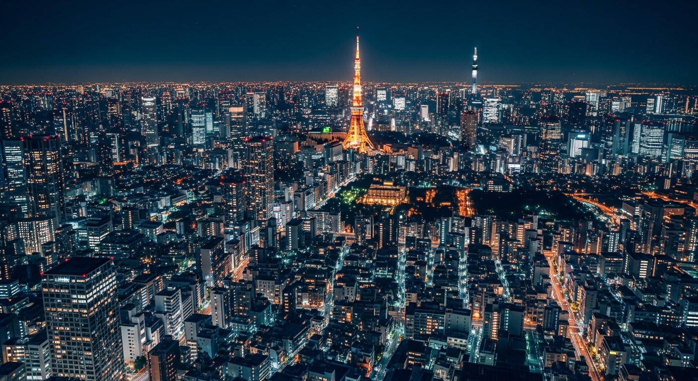 東京都庁の夜景を展望台から見下ろす、東京タワーやスカイツリーを含む煌びやかな大パノラマ。