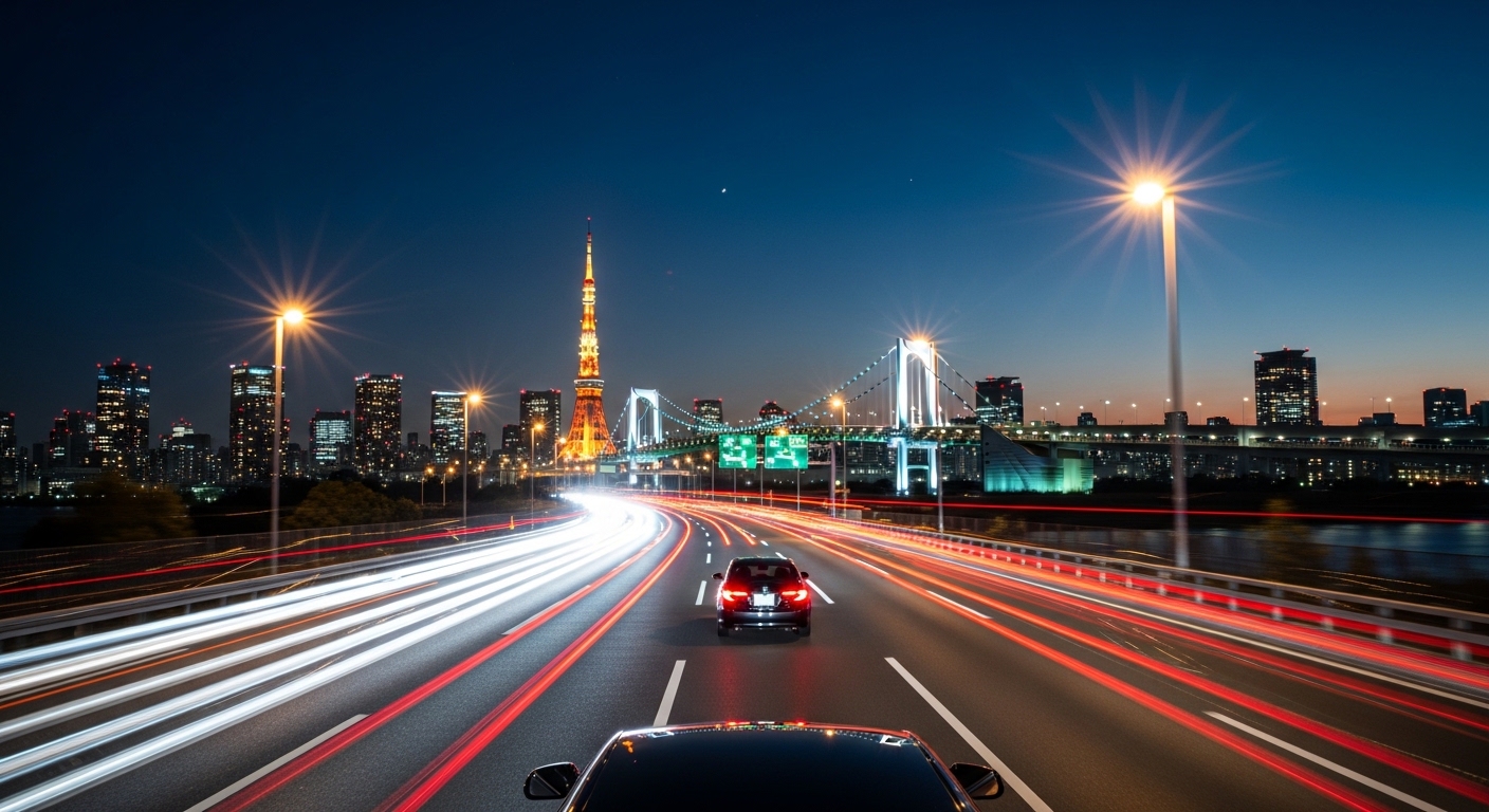 夜の東京ドライブルートを象徴する、レインボーブリッジと東京タワーが見える首都高速道路の夜景。