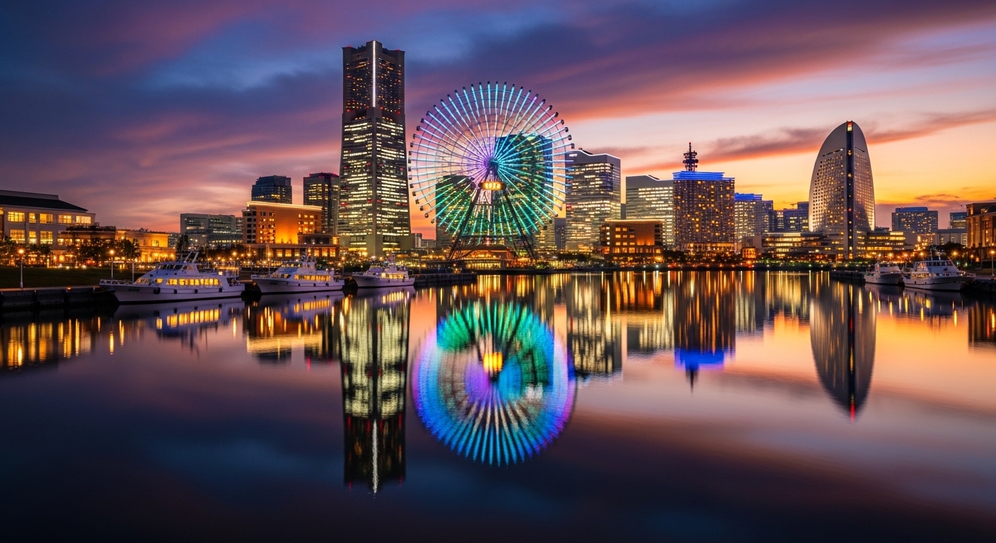みなとみらいの写真スポットを象徴する、夜の海面に反射する大観覧車と高層ビル群の絶景。