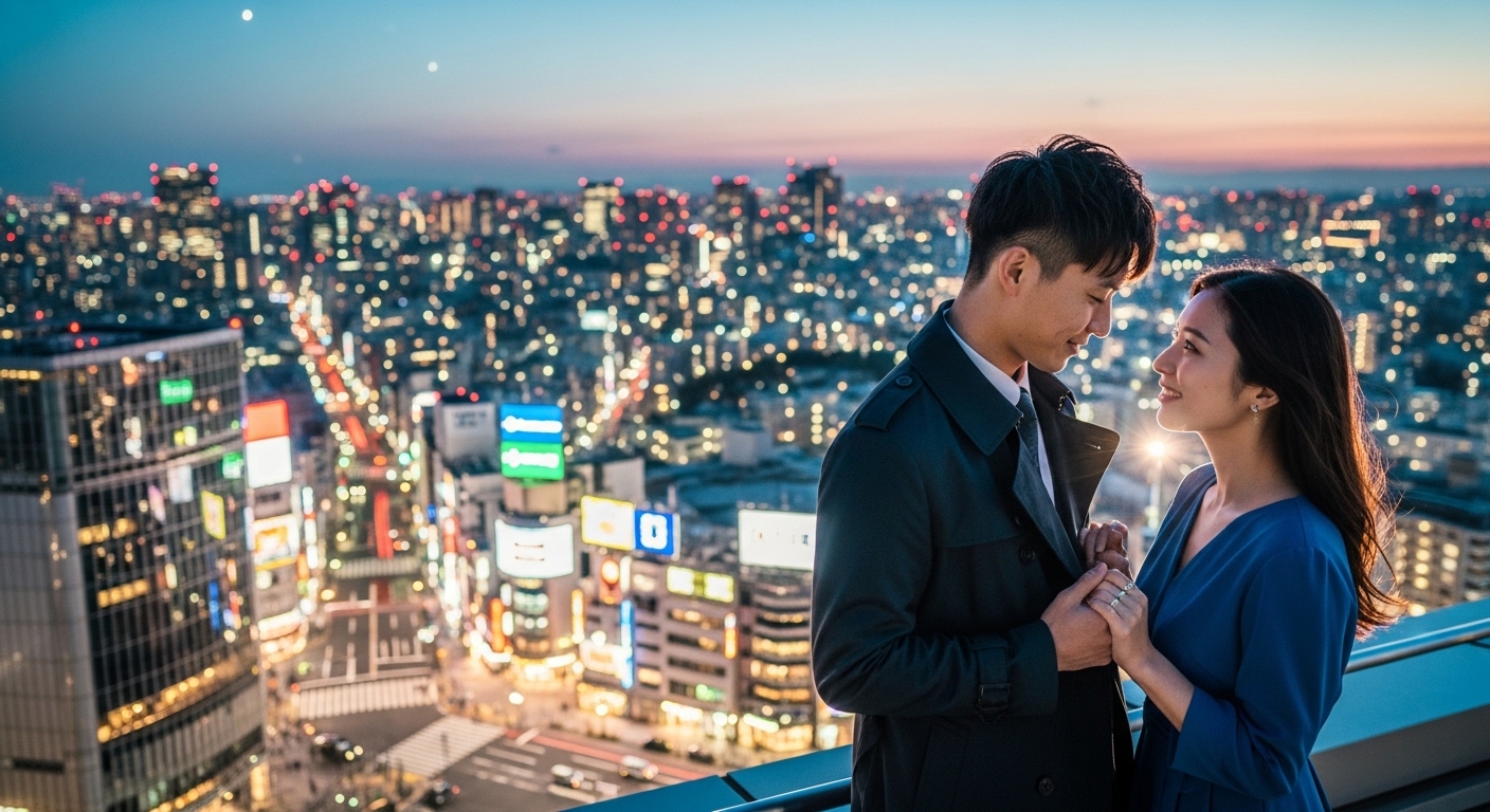 渋谷の告白スポットである煌めく夜景の展望施設で、大切な想いを伝えるロマンチックなシーン。