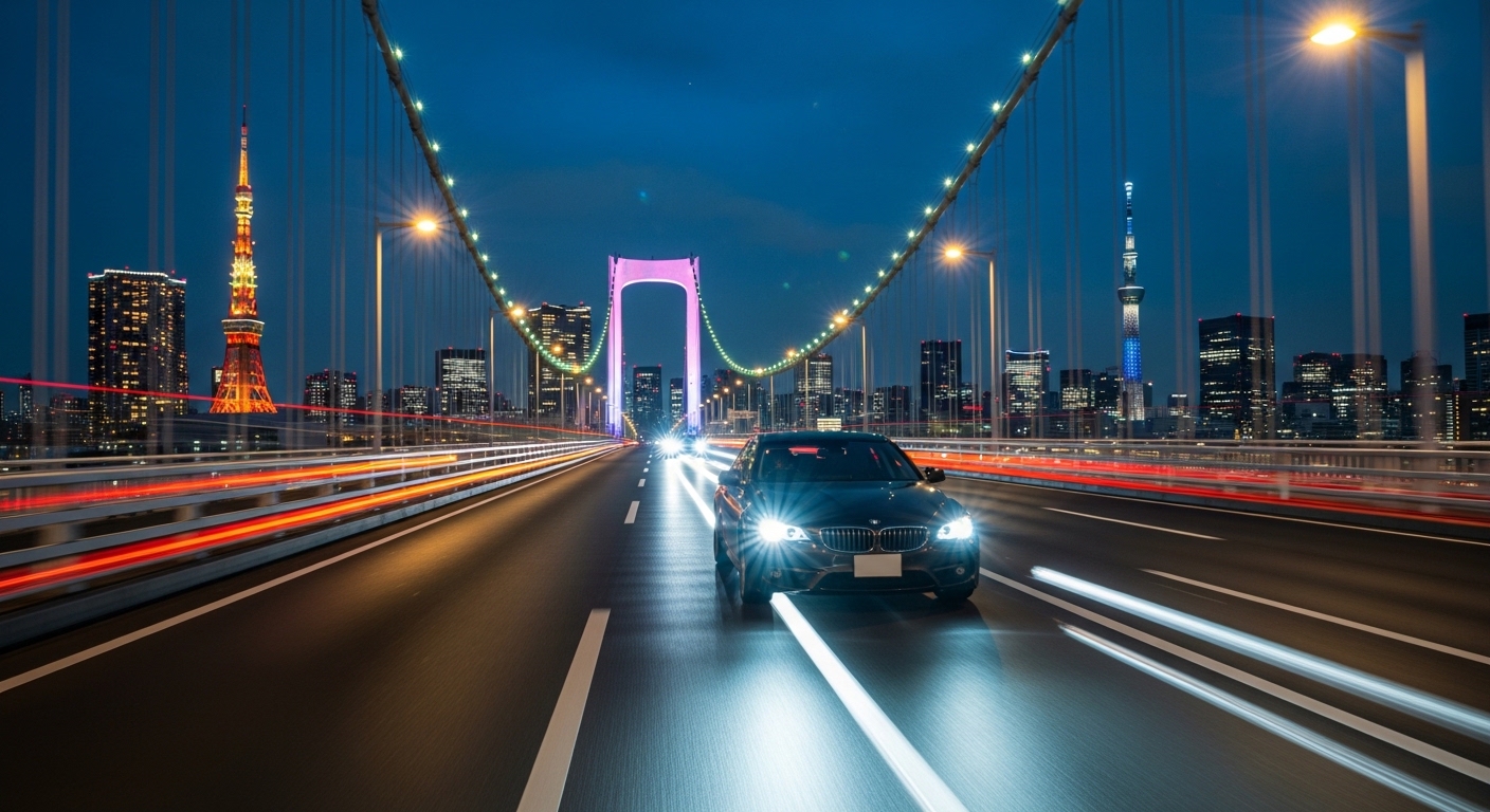 初心者向け夜の都内ドライブコースの象徴、レインボーブリッジを走る車の夜景。