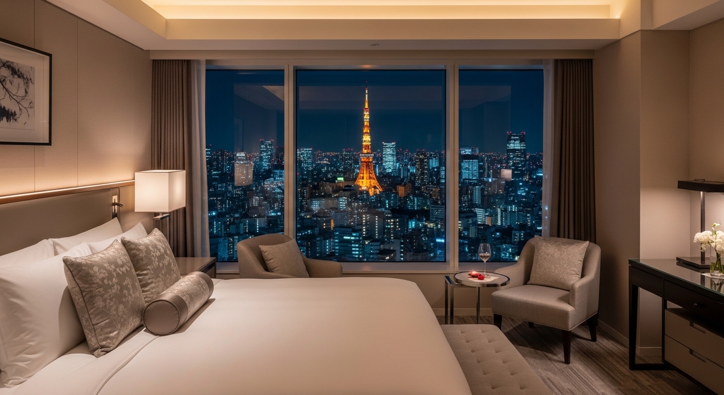 東京の夜景が見えるホテルの客室から望む、東京タワーと都会の煌びやかな灯り。
