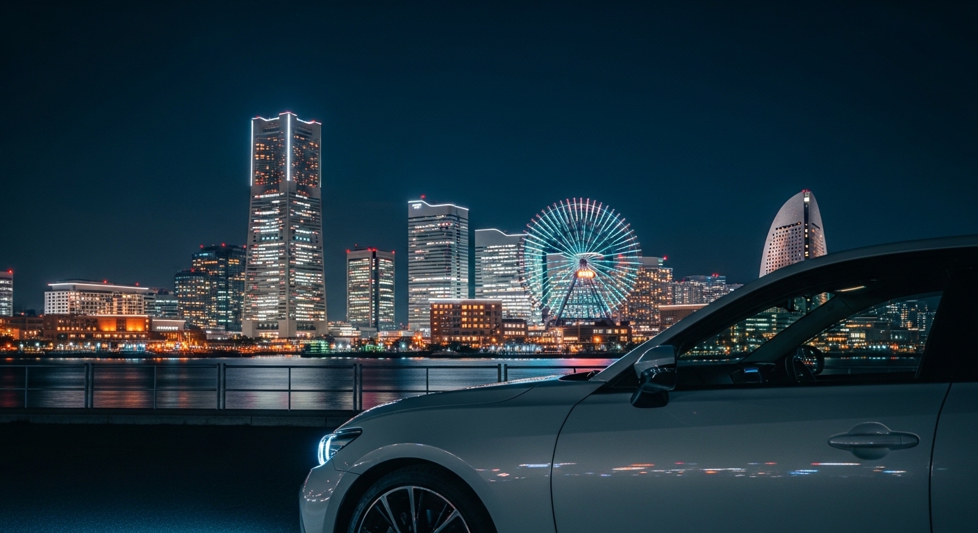 横浜の車からの撮影スポットで、夜のみなとみらいの夜景を背景に美しく輝く愛車の写真。