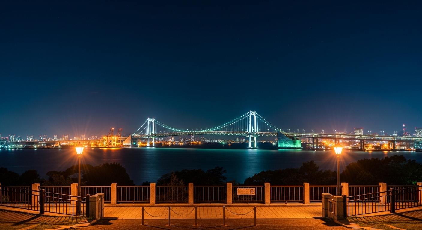 港の見える丘公園の夜景。ライトアップされた横浜ベイブリッジと港の灯りが美しい展望。